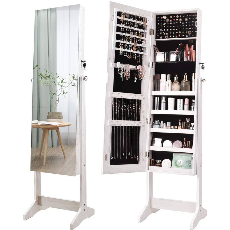Lockable Mirrored Jewelry Cabinet Armoire - White