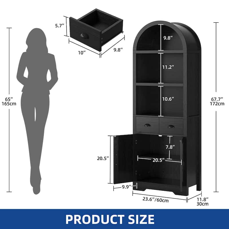 Moasis 71"/68" Tall Arched Bookshelf with Storage, Arched Bookcase with 2 Drawers and Doors