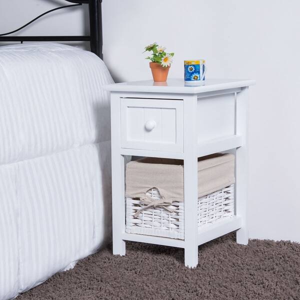 Shop 2 Tier 1 Drawer Bedside Organizer Wood Nightstand W Basket White Overstock 28423700