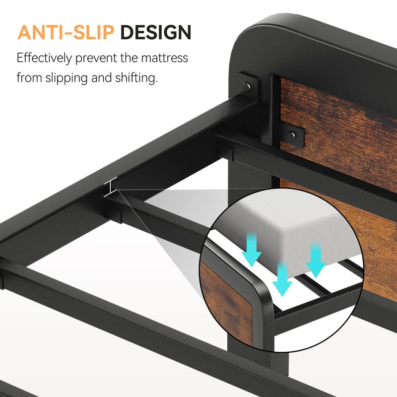 Platform Bed Frame with Headboard Safe Rounded Corners & Strong Metal Slats Support