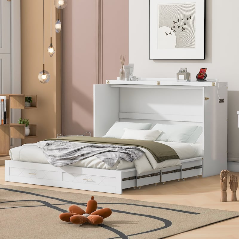 Queen Size Murphy Bed with Pulley System, Storage Drawer, USB Ports, and Sockets, Space-Saving