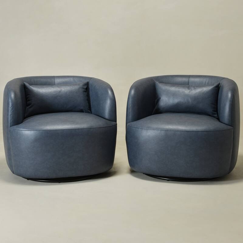 KINWELL 34" Wide Swivel Faux Leather Barrel Armchair Upholstered PU Leather Accent Chairs for Living Room Office Lounge - Navy - Set of 2