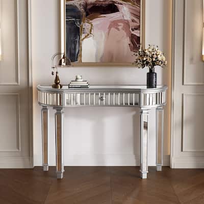 Half-Moon Entryway Table Mirrored Console Table Fluted Glass Vanity Desk with Curved Drawer and Crystal Knob for Living Room