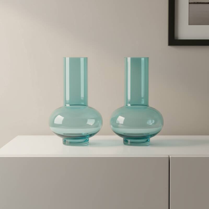 Set of Two Aqua Glass Round Table Vases - 7.00 - Aqua - 7.00