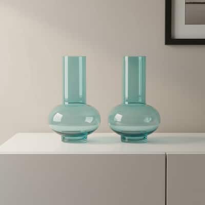 Set of Two Aqua Glass Round Table Vases - 7.00