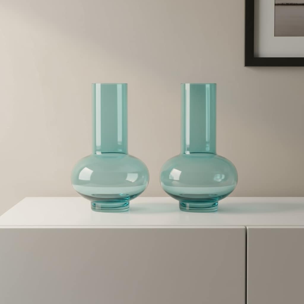 Set of Two Aqua Glass Round Table Vases - 7.00