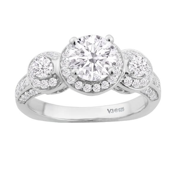 slide 1 of 5, Sterling Silver with Moissanite and White Diamond Three Stone Ring