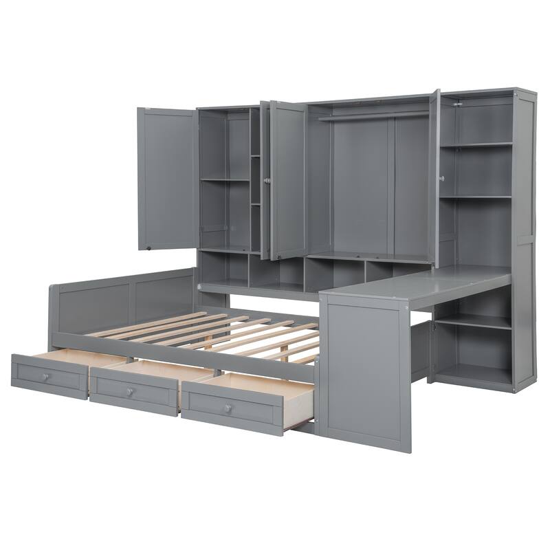 Full Size Wood Daybed with Built-In Desk, Drawers, Shelves & Cabinets, with Reversible Workspace and Storage