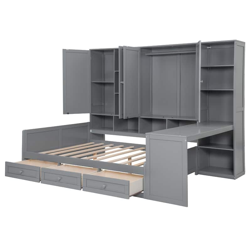 Full or Twin Size Wooden Daybed - 3 Drawers + All-in-One Cabinet, Desk & Shelves, Multi-Functional Furniture Piece