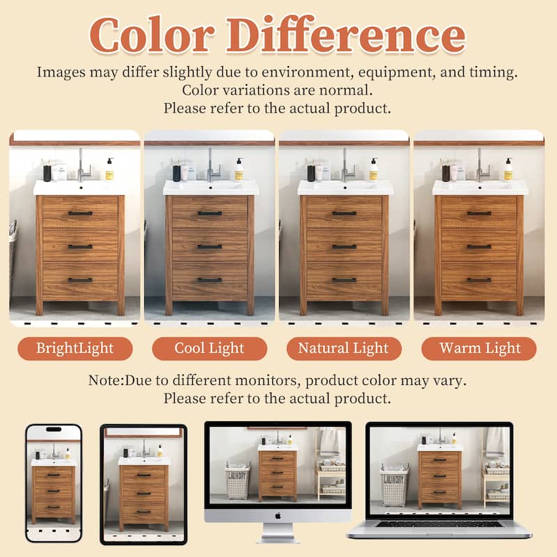 GDFStudio - Marwick Modern Freestanding Bathroom Vanity with Ceramic Sink and 3 Storage Drawers - 24.4'W