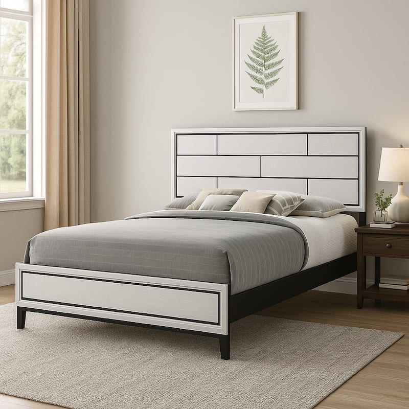 Asir King Size Bed, Geometric Panel Headboard, Modern White Wood Finish