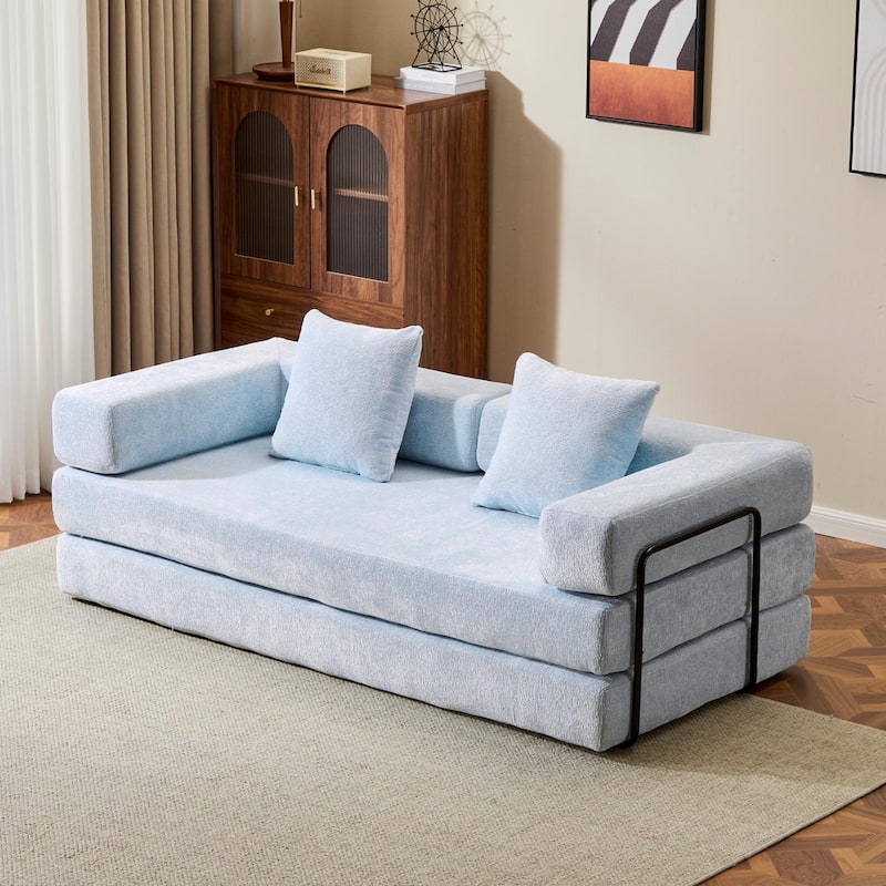 Convertible Flannel Fabric Futon Sofa Sleeper Couch Bed with Sponge Padding for Living Room - 76.77”L x 37.4”W x 23.62”H