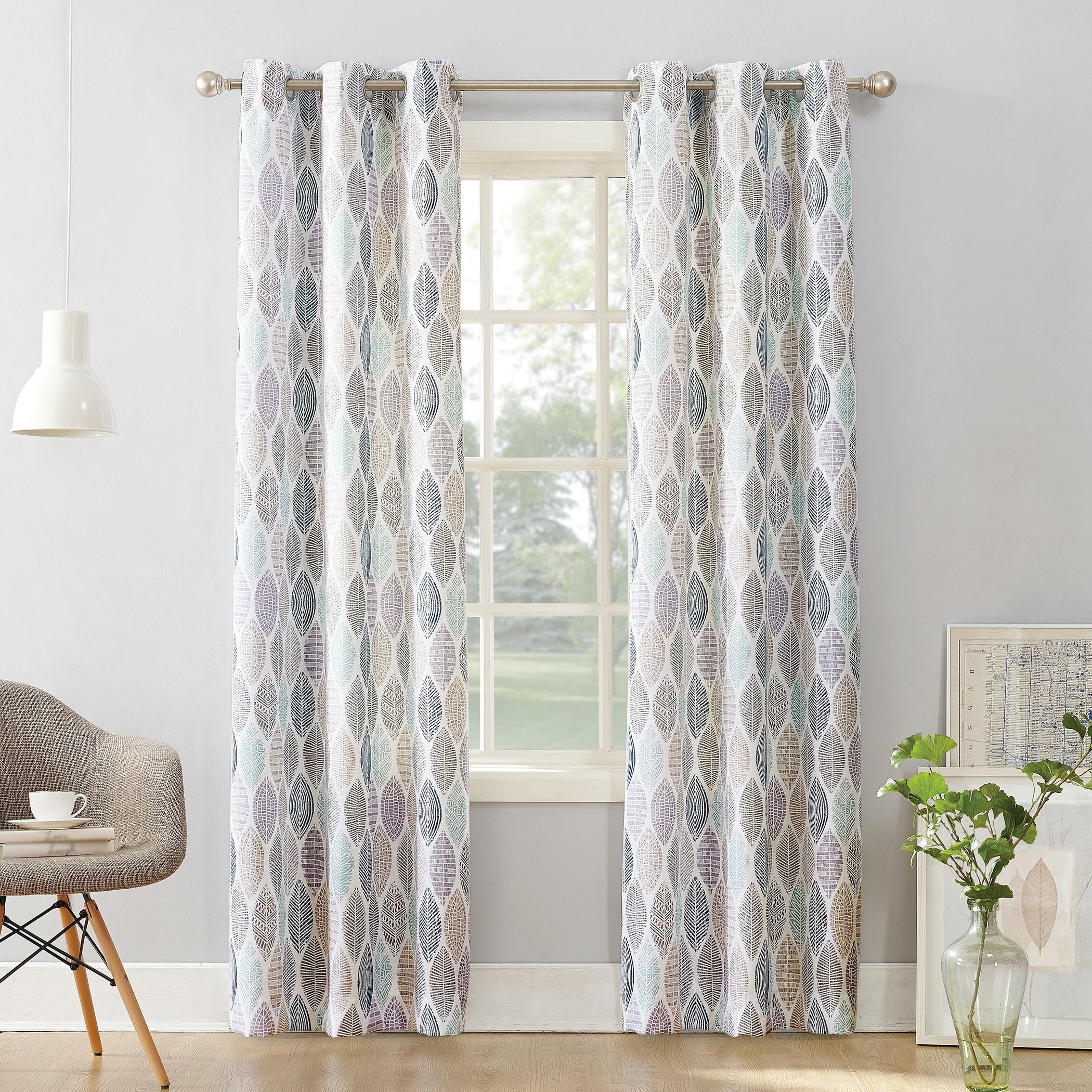 No. 918 Hotaru Leaf Print Semi-Sheer Grommet Curtain Panel, Single Panel