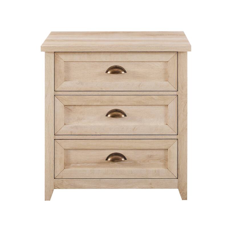 White Oak Farmhouse Nightstand with 3 Drawers and Cup Handles