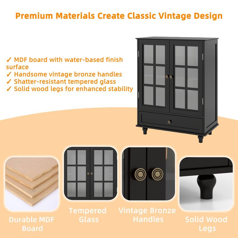 Modern Wooden Buffet Cabinet with Double Glass Doors & Drawer, Storage Sideboard for Dining Room & Entryway