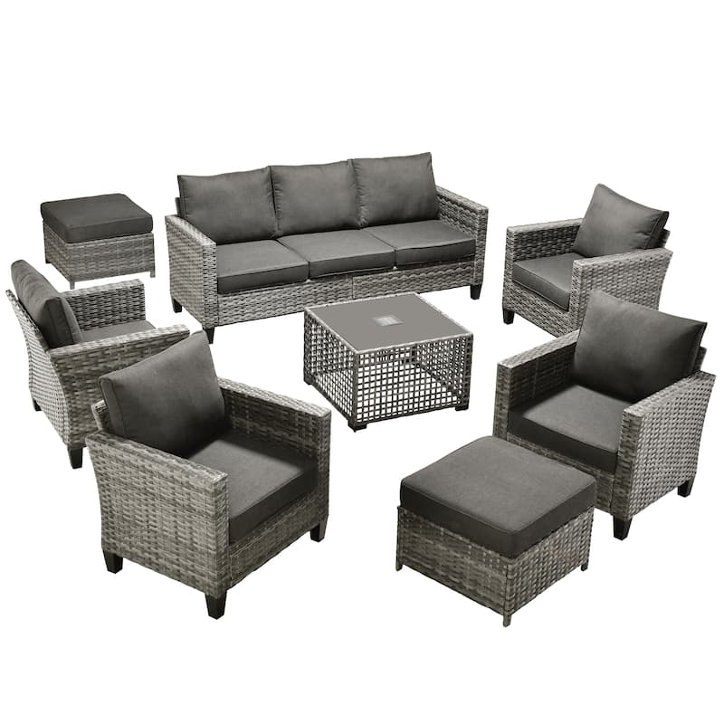 OVIOS 8 Pieces Outdoor Wicker Sectional Set With Solar-Powered CoffeeTable