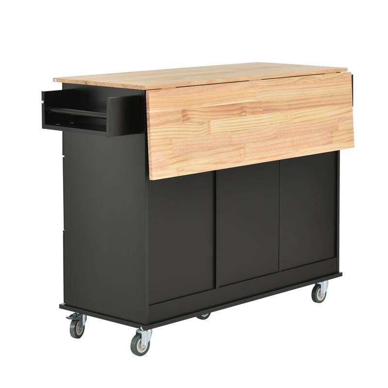 52.7" W Rolling Mobile Kitchen Island with Solid Wood Top and Locking Wheels,Storage Cabinet and Drop Leaf Breakfast Bar