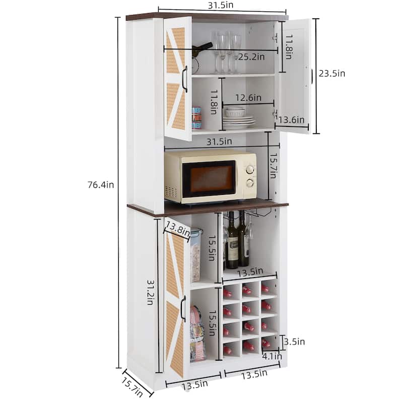 76 Inch Home Bar Cabinet, Coffee Bar Cabinet with Shelves,Faux Rattan Wine Cabinet