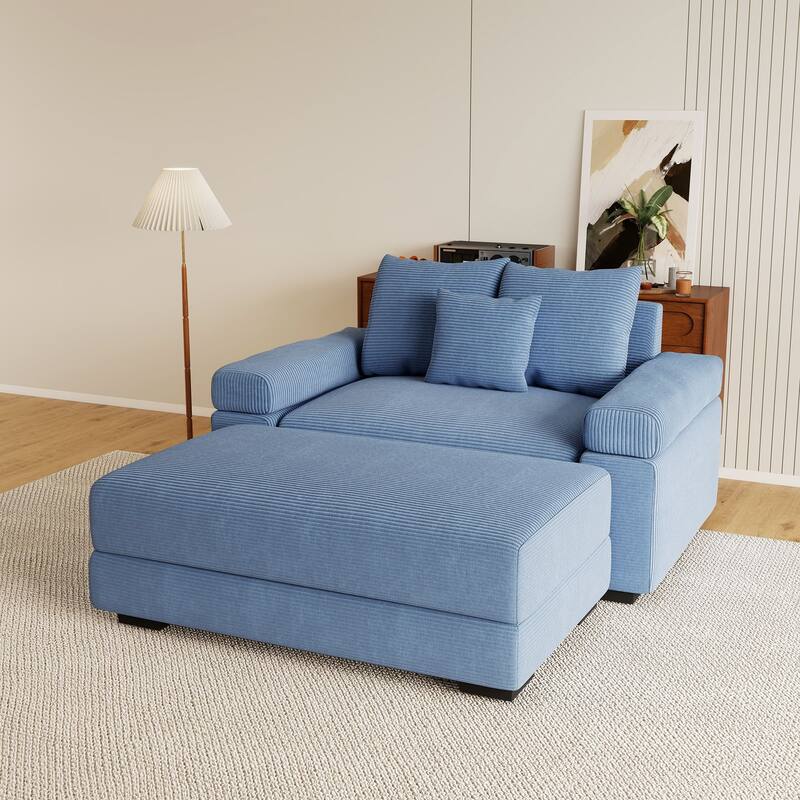 Rossetta Modern 54.3" Oversized Soft Cloud Corduroy Upholstery Extra-Thick Armrests Couch with Throw Pillows, 1 Movable Ottoman