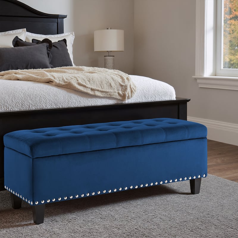 41" Storage Ottoman Tufted Upholstered Rectangle End of Bed Bench - Navy Blue