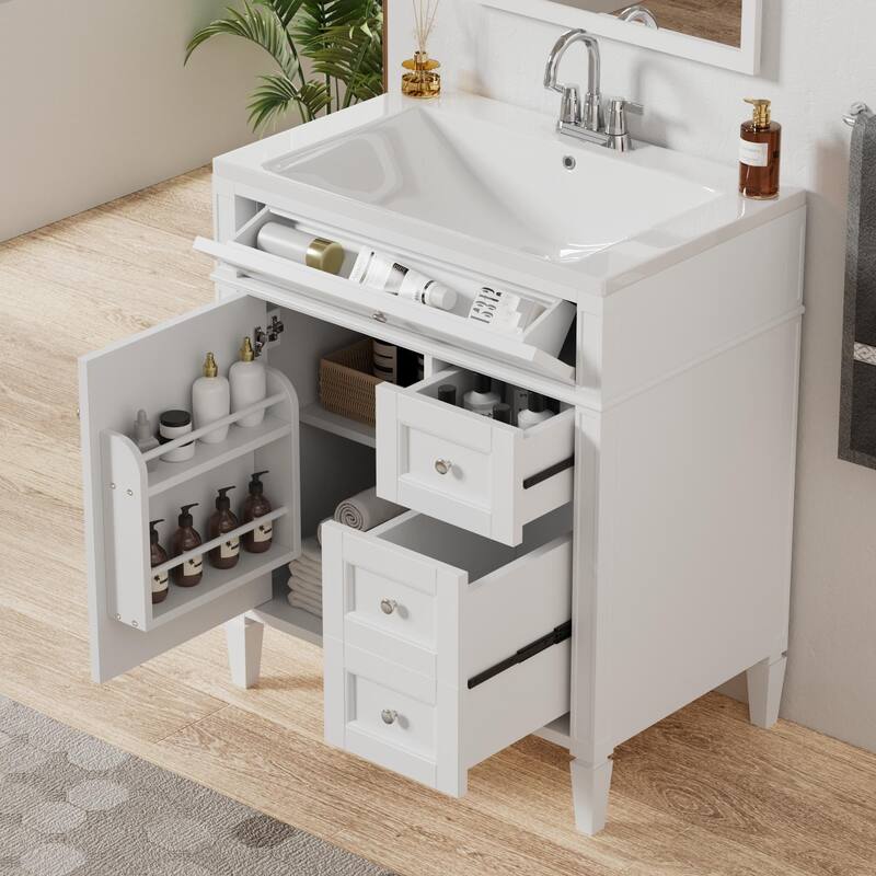 30''Bathroom Vanity with Top Sink,with 2 Drawers and a Tip-out Drawer,Single Sink Bathroom Vanity - White