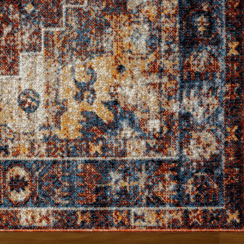 Sevita Distressed Bordered Blue Orange Medallion Machine-Washable Rug
