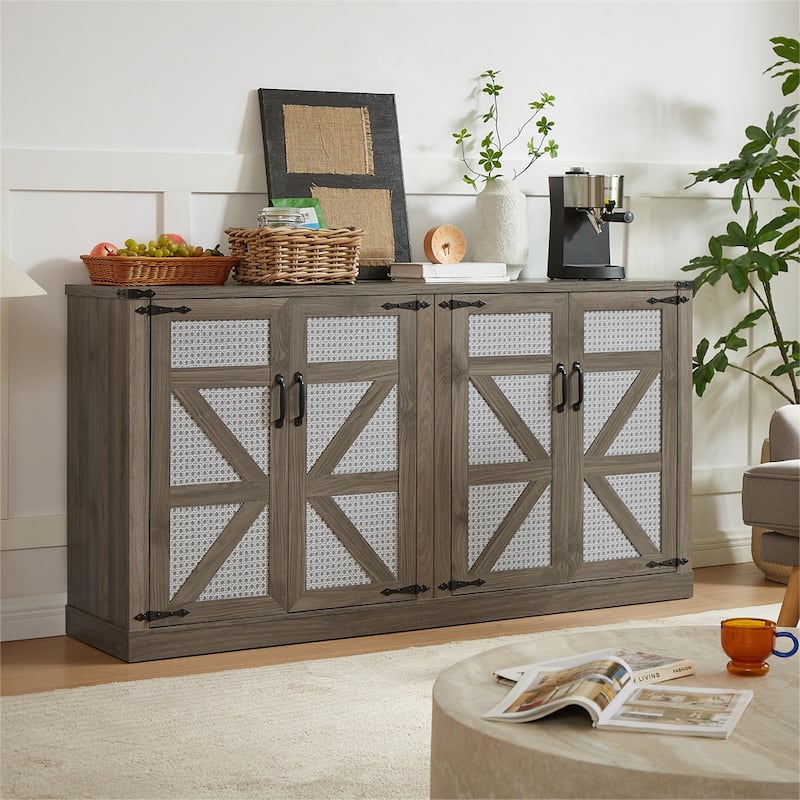 65-Inch Rustic Faux Rattan Sideboard,Barn Door Rustic Style Sideboard