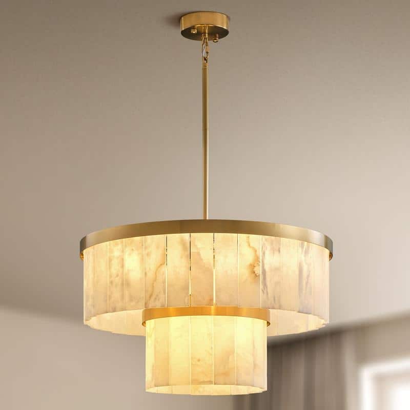 Elegant layered alabaster chandelier with natural stone panels - 24in - Glod