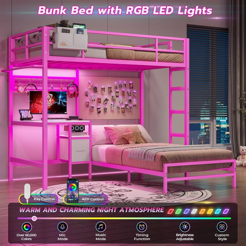 Bunk Bed Twin Over Twin Size with Desk Charging Station L-Shaped Metal