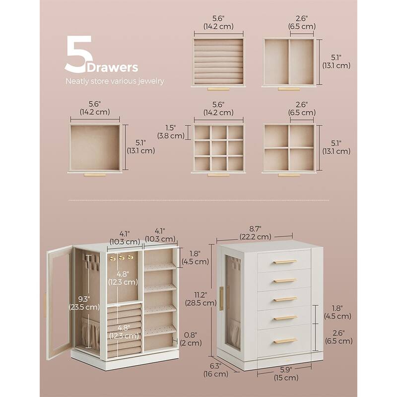 360 Degree MDF Rotating Jewlery Box with 5 Drawers and Metal Handles Perfect for Birthday or Anniversary