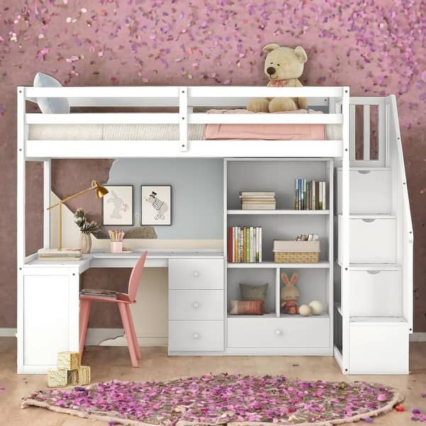 slide 2 of 33, Modern Twin Size Loft Bed With L-Shaped Desk And Drawers,Cabinet And Storage Staircase White