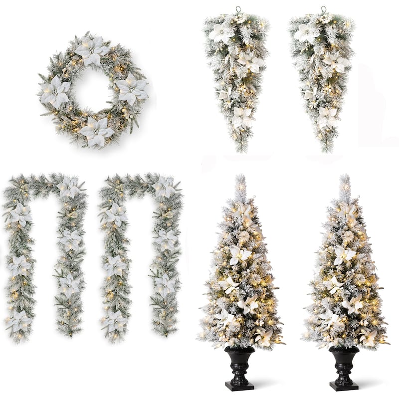 Glitzhome 5FT Pre-Lit Flocked Pine Artificial Christmas Porch Tree with 150 Warm White Lights and Poinsettia