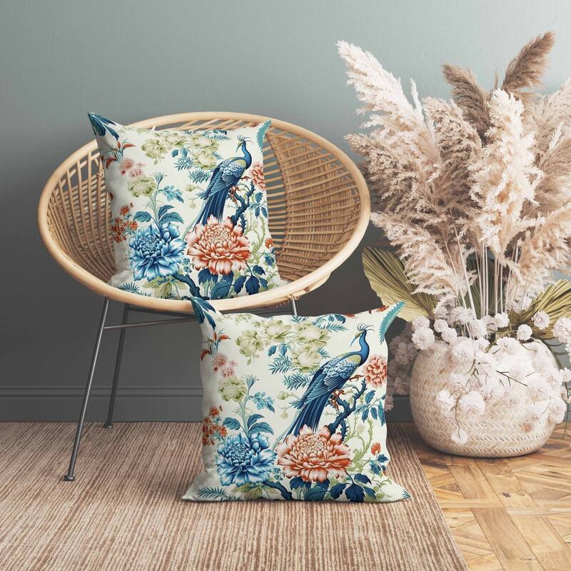 Peacock Panache Indoor/Outdoor Reversible Throw Pillow Turquoise and Orange