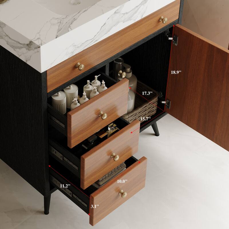 GDFStudio - Bristol Modern 29.9" Freestanding Bathroom Vanity with Sintered Stone Top, Ceramic Sink & Stainless Steel Legs