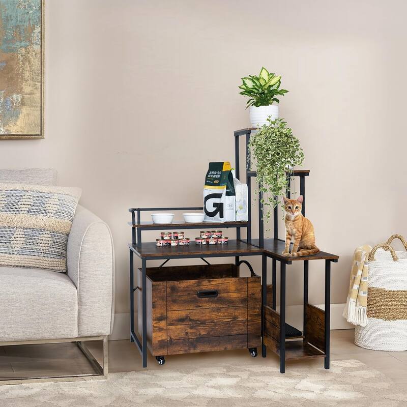 Farmhouse Cat Litter Box Enclosure Furniture with Flower Stand - 36.8"L x 31.5"W x 51"H - Brown