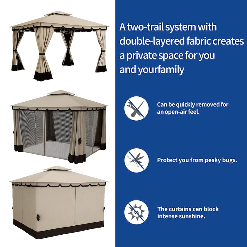 Outdoor 10x10/12Ft Patio Gazebo Canopy with Soft Roof Netting Curtains