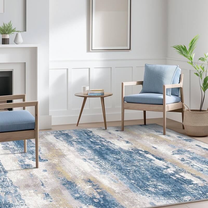 Mcow Modern Abstract Blue & Cream Low-Pile Area Rug