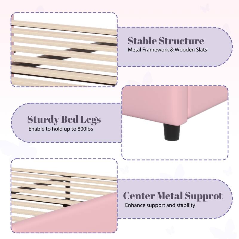 Full Size Upholstered PU Leather Bed Frame with Butterfly Headboard, Gold Metal Decorations, No Box Spring Needed, Light Pink