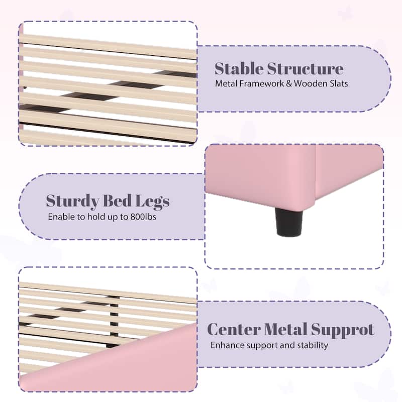 Queen Size Upholstered Bed Frame, with Butterfly Shaped Headboard and Footboard, Platform Bed Frame with Metal Decorations