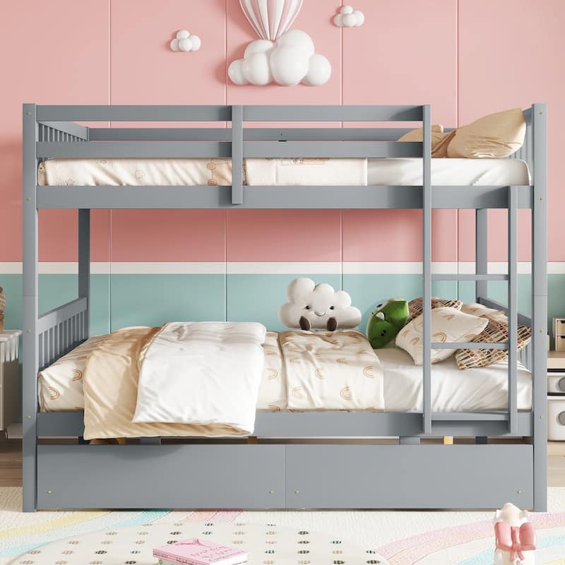 Full Over Full Bunk Bed with 2 Storage Drawers and Convertible to 2 Standalone Beds (400lb Capacity) - Grey