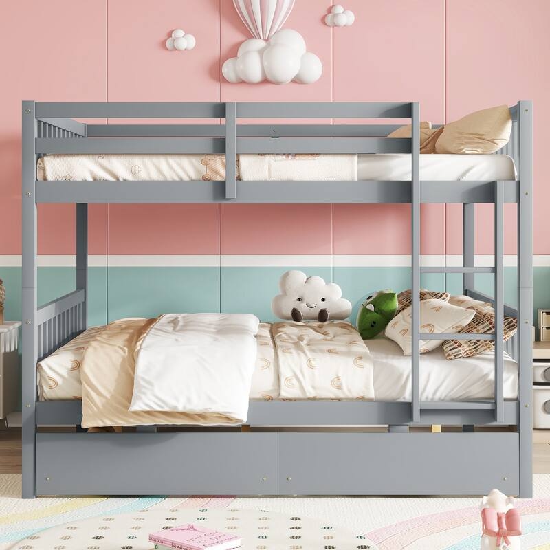 Full Over full Rubber Wood Bunk Bed with 2 Drawers, into 2 full Beds, full Size Bunk Bed with Ladder and Safety Guardrails - Grey