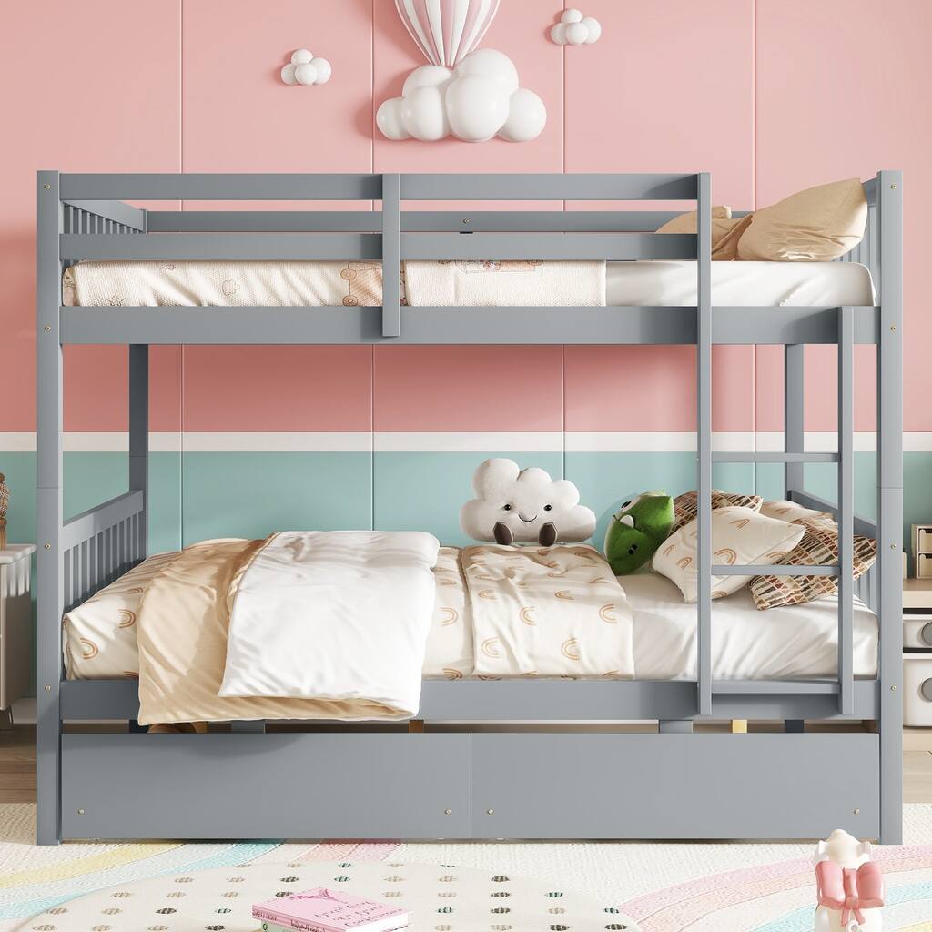 Full Over full Rubber Wood Bunk Bed with 2 Drawers, into 2 full Beds, full Size Bunk Bed with Ladder and Safety Guardrails