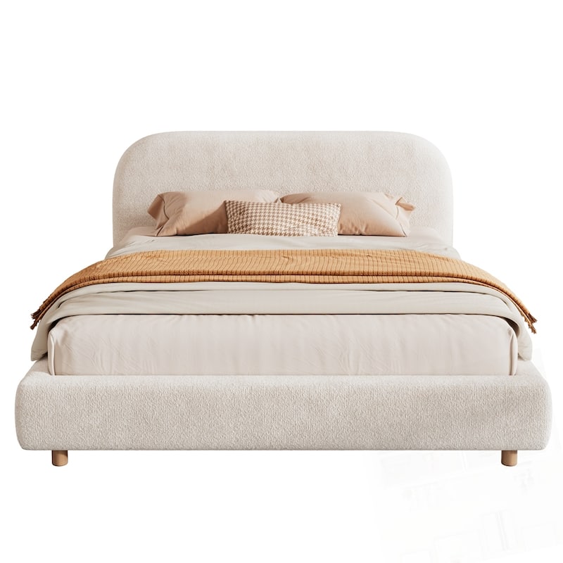 Boucle Fabric Upholstered Platform Bed with Curve-Shaped Design Headboard