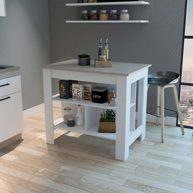 Dozza Antibacterial Kitchen Island with 3 Storage Shelves, Silver Nanoparticles Protection, Light Oak/White
