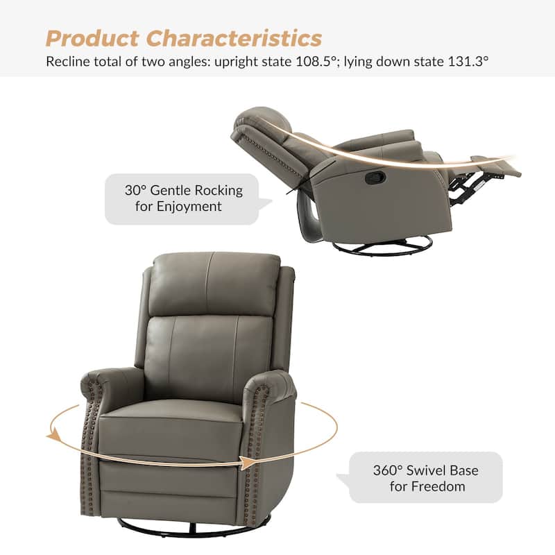 Alina Modern 20''w Genuine Leather Swivel Rocker Nursery Manual Recliner Chair with Rolled Arms by HULALA HOME