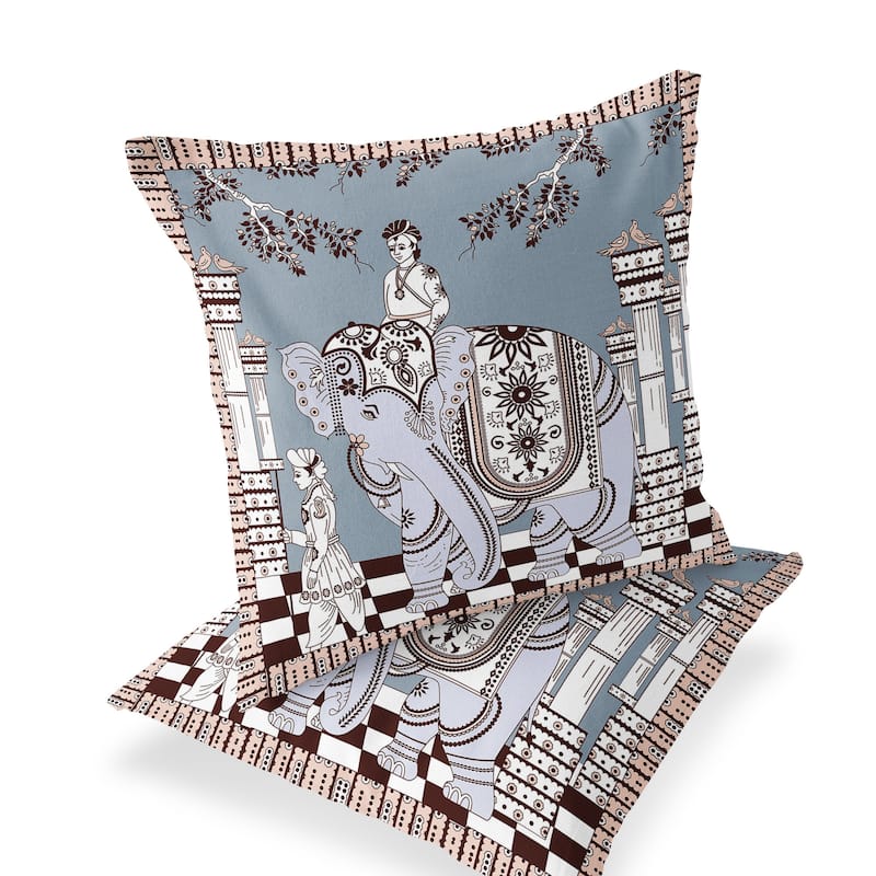 HomeRoots Set of Two 16" X 16" Blue and Brown Elephant Blown Seam Floral Indoor Outdoor Throw Pillow - 16.00' X '16.00' X '5.00