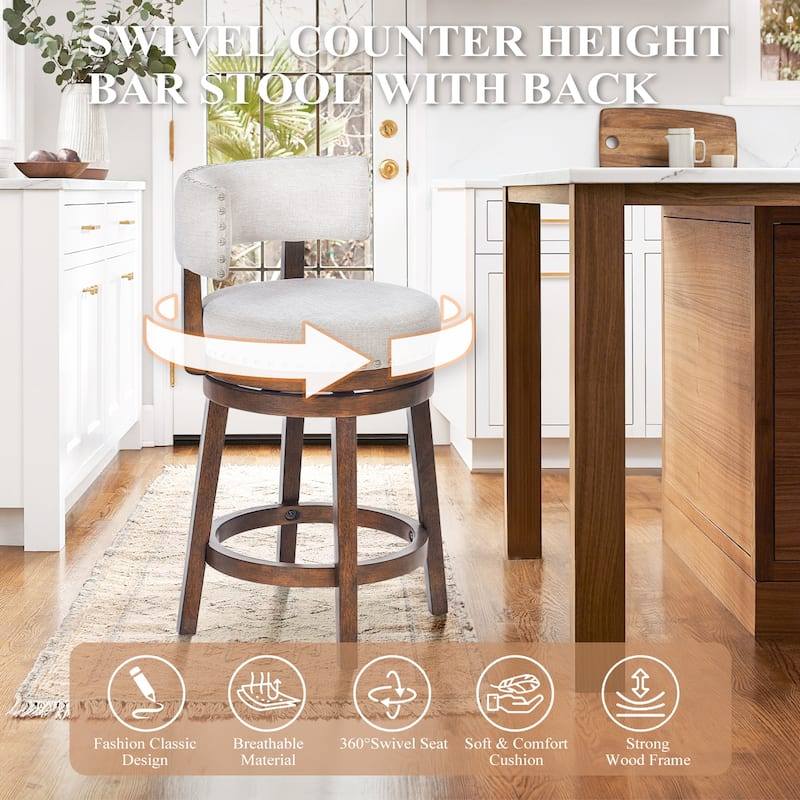 Modern Velvet Swivel Bar Stool - 25" or 30" Counter Height with Adjustable Footrest & Walnut Base, for Kitchen Islands