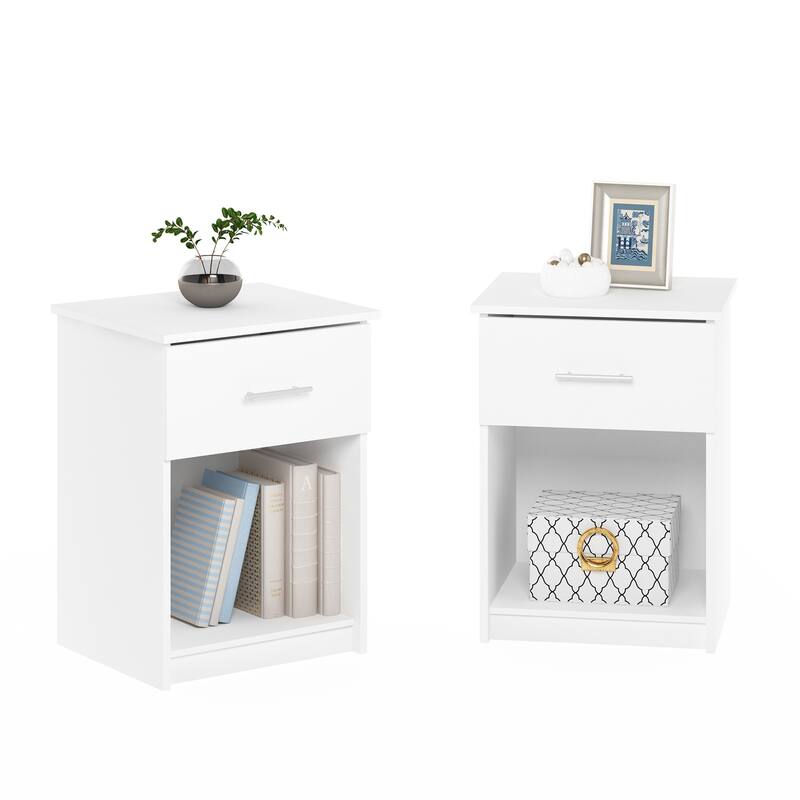 White Nightstand Set of 2 - Modern Bedside Table with Drawer - Easy Assembly