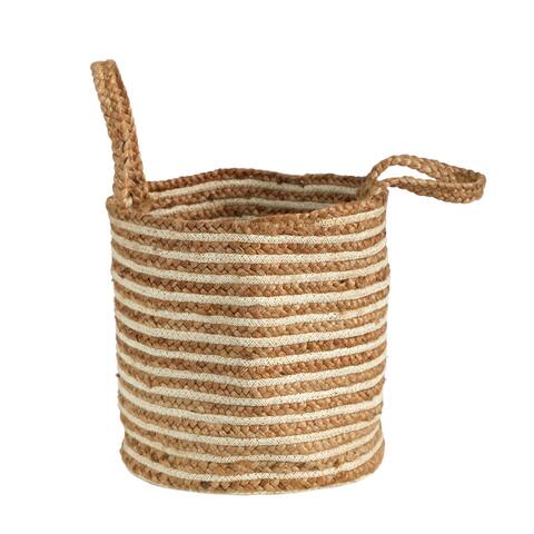 14" Boho Chic Basket Natural Cotton and Jute, Handwoven Stripe - 8'6" x 13'