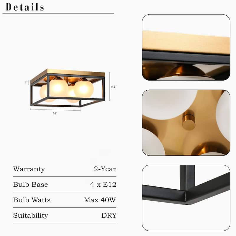 Modern Black Gold 4-Light Semi Flush Mount Ceiling Light with Frosted Globe Glass - D14"xH6.5"